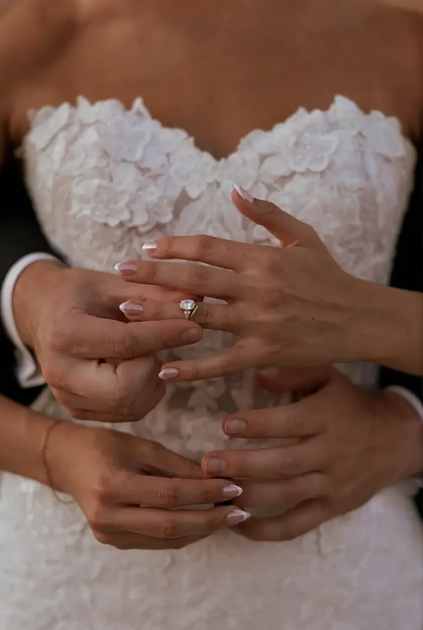 Model wearing a white dress