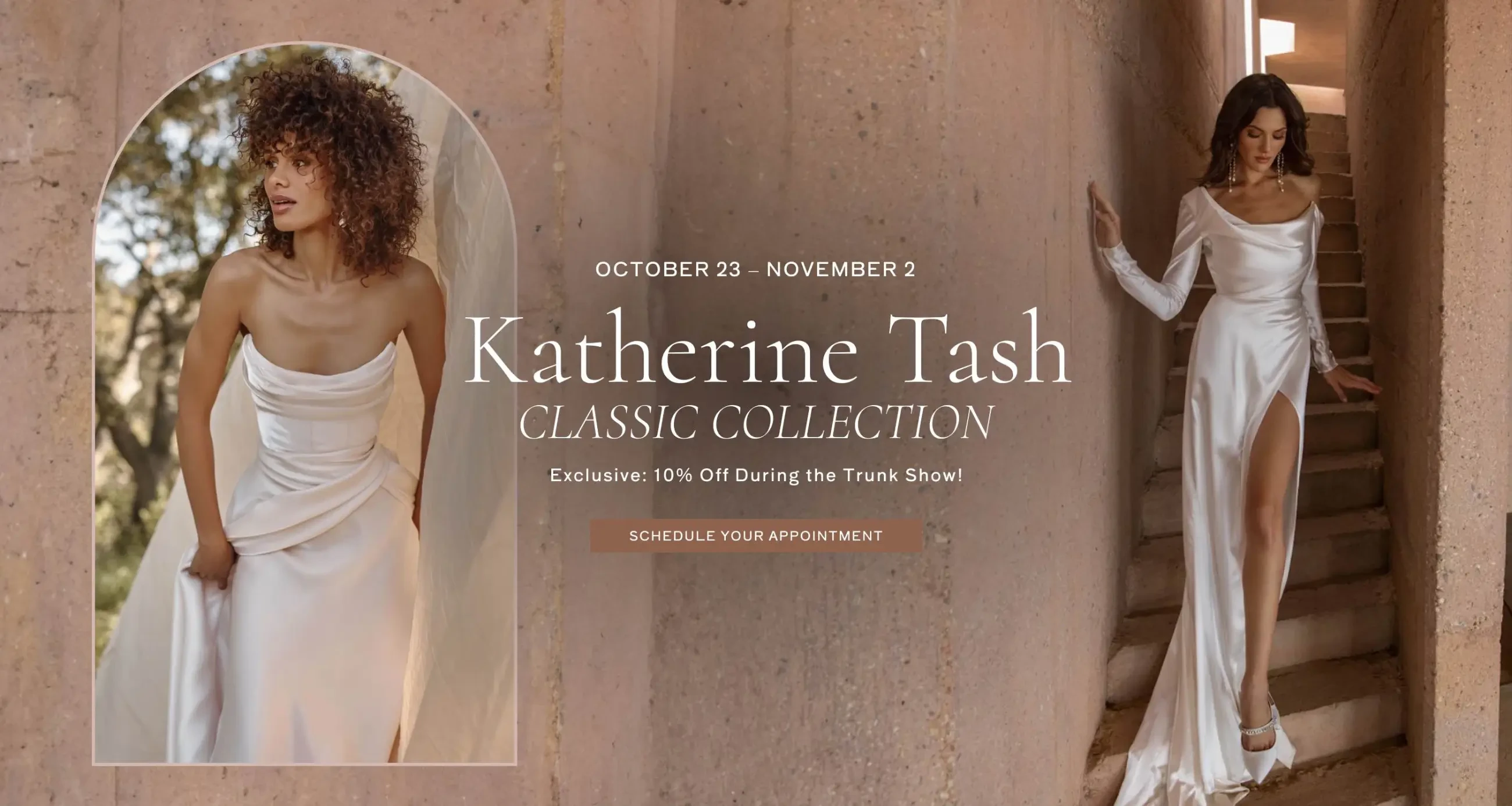 Models wearing Katherine Tash bridal gowns, desktop banner