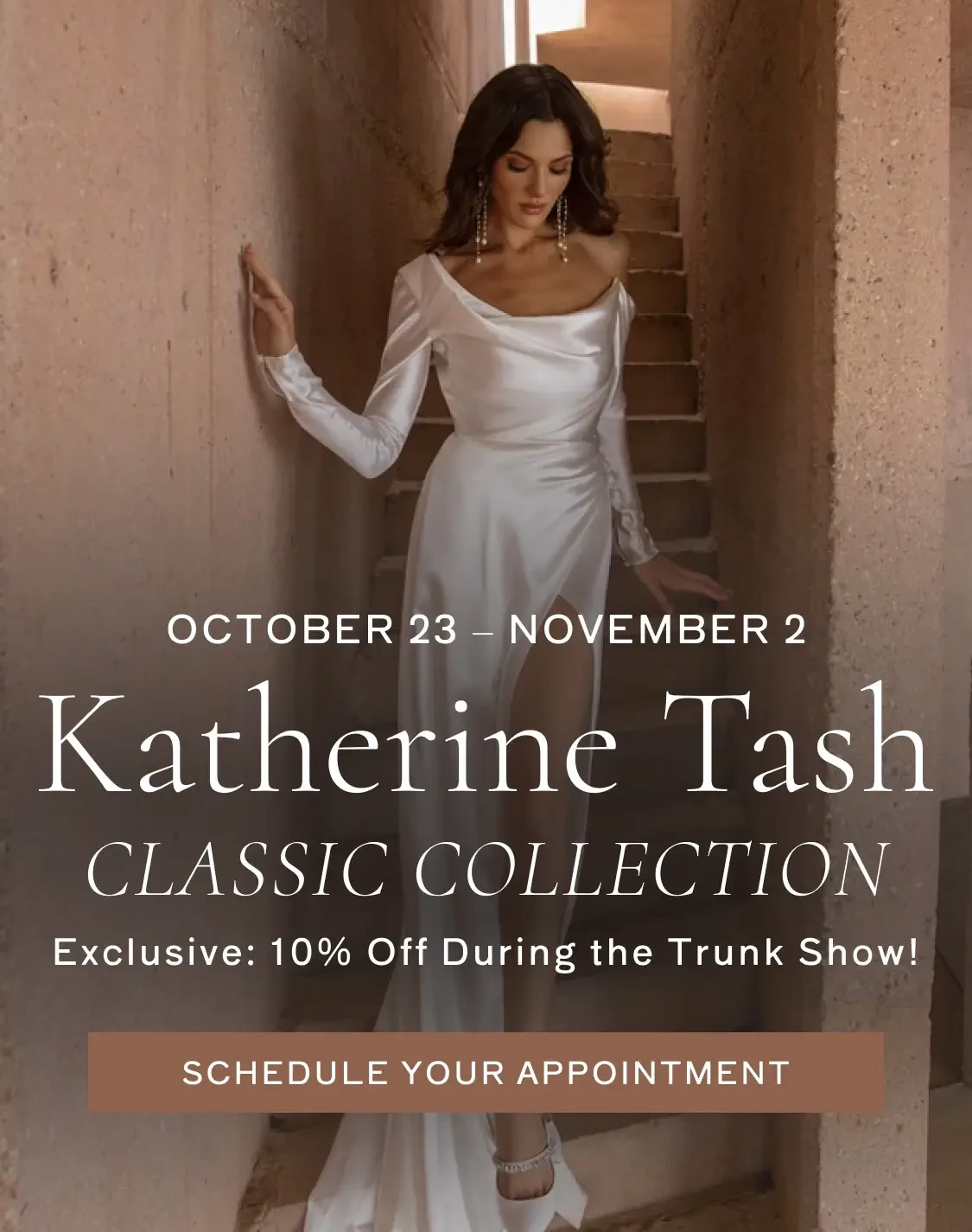 Model wearing Katherine Tash bridal gown, mobile banner